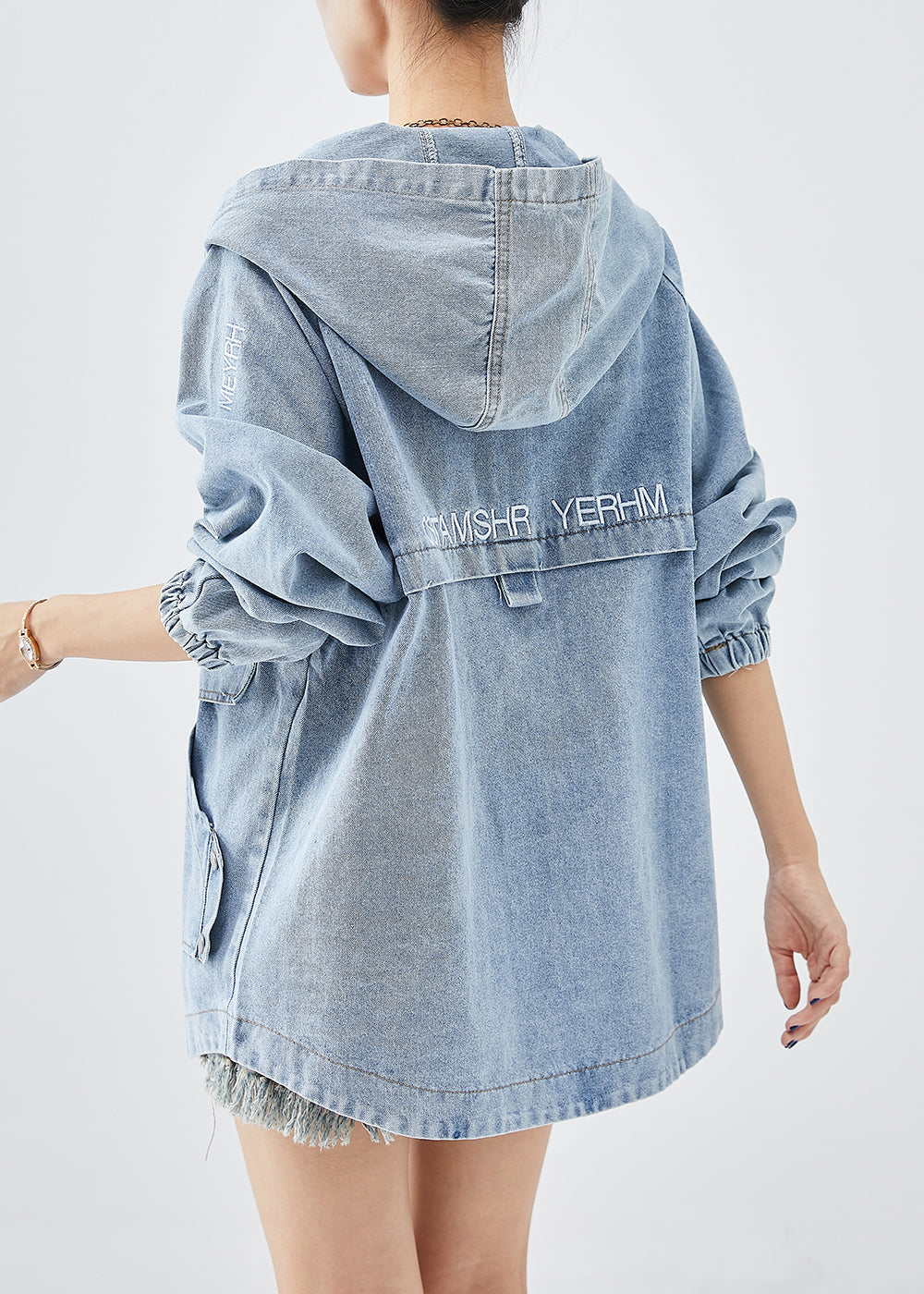 DIY Blue Hooded Letter Embroideried Denim Coat Fall