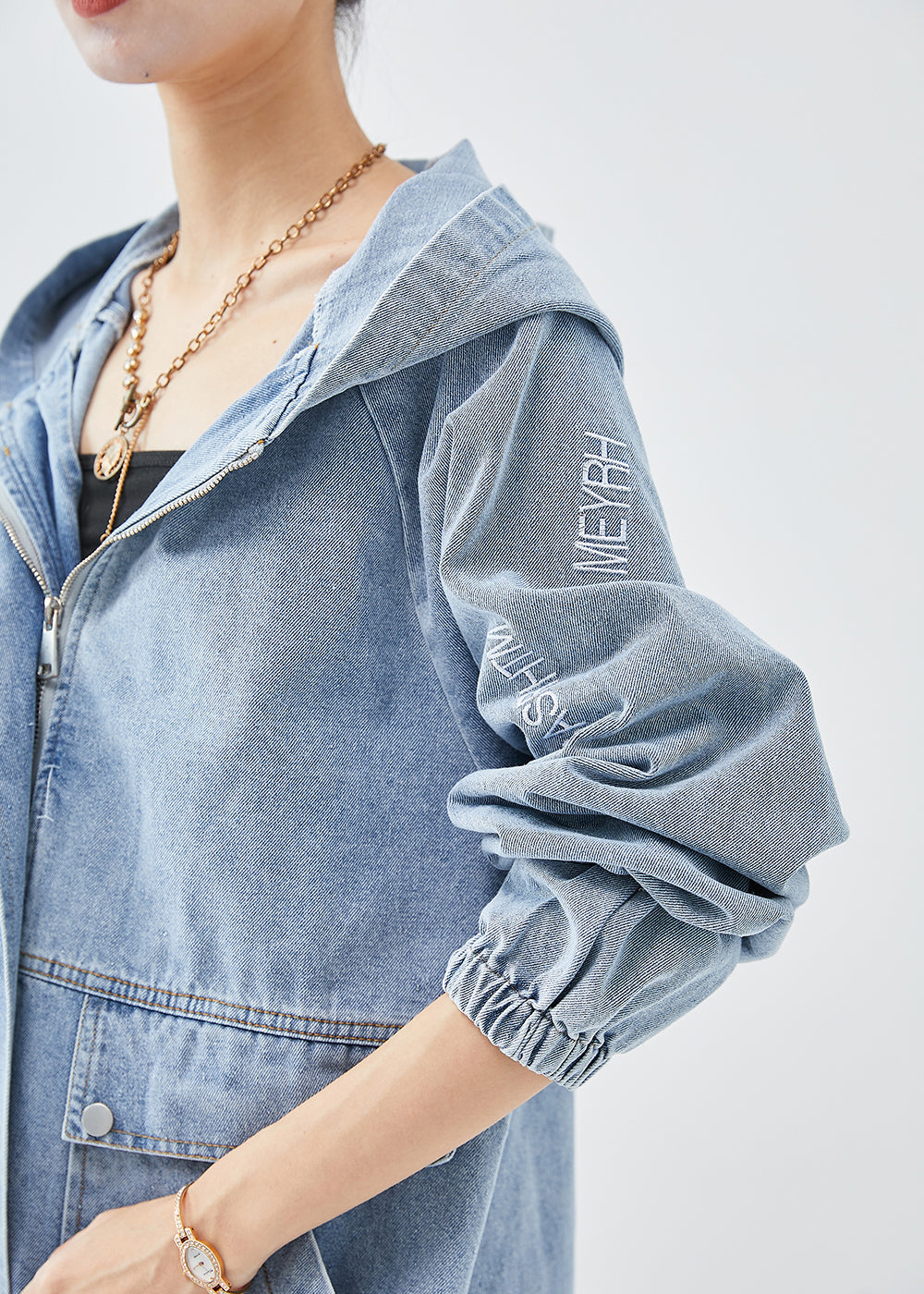 DIY Blue Hooded Letter Embroideried Denim Coat Fall