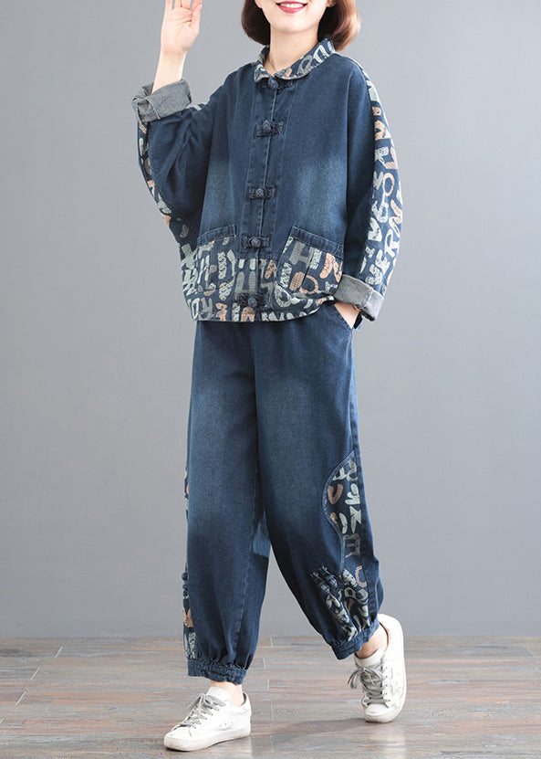 DIY Blue Peter Pan Collar Print Denim Coats And Pants Two Pieces Set Fall