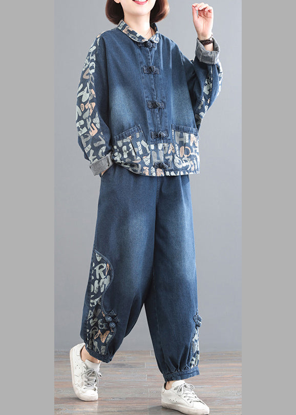 DIY Blue Peter Pan Collar Print Denim Coats And Pants Two Pieces Set Fall