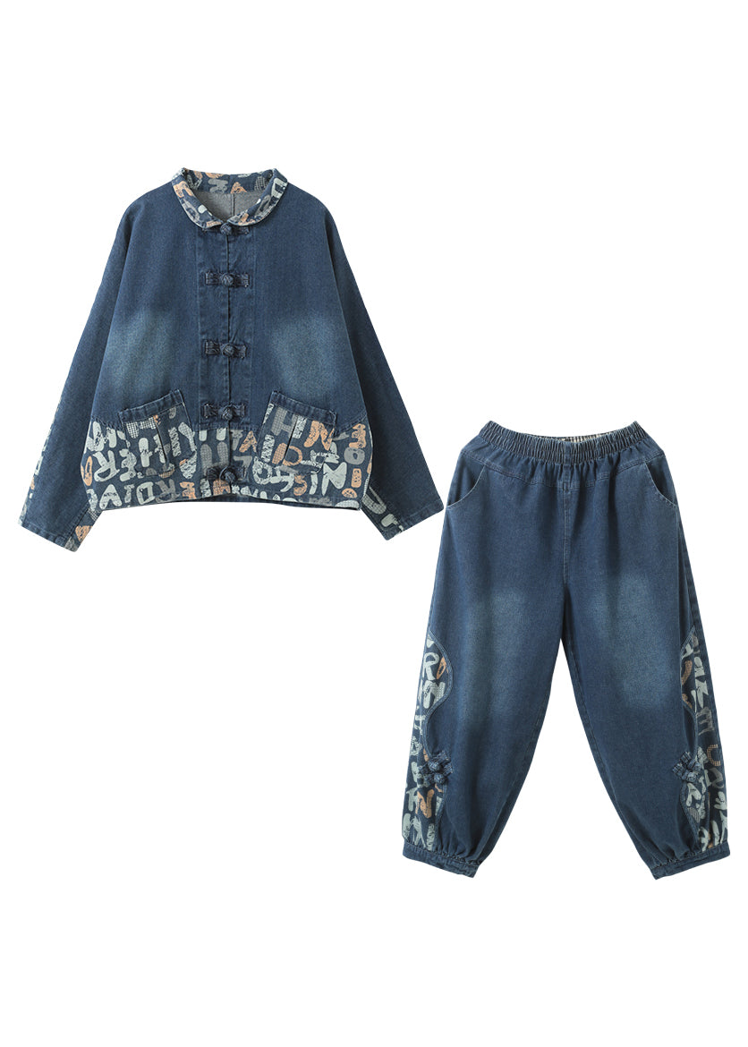 DIY Blue Peter Pan Collar Print Denim Coats And Pants Two Pieces Set Fall