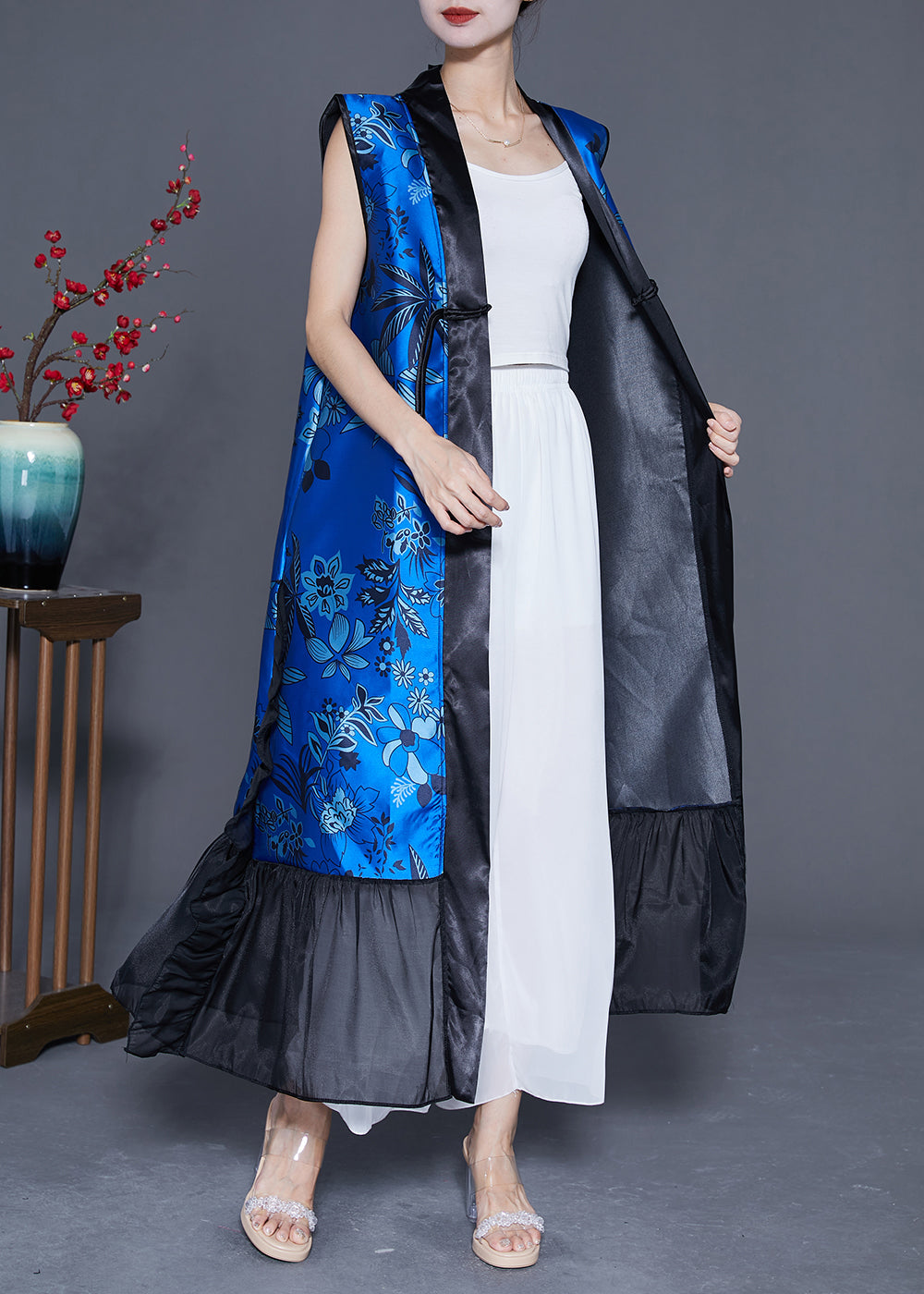 DIY Blue Ruffled Patchwork Chinese Button Silk Long Vest Summer