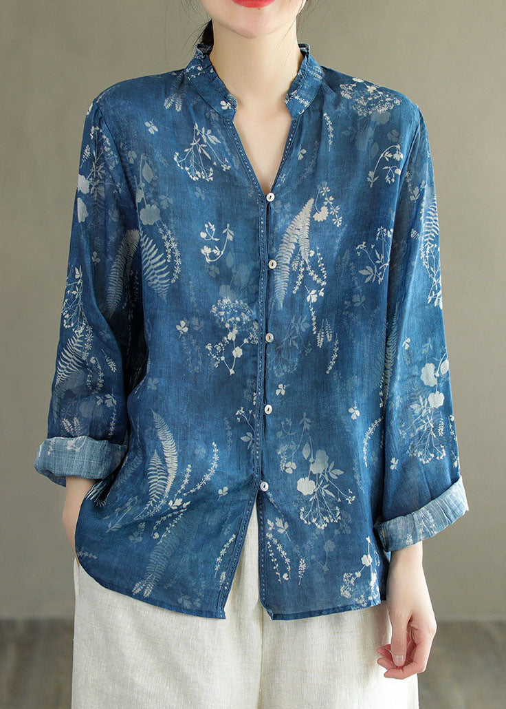 DIY Blue V Neck Ruffled Print Patchwork Linen Shirt Tops Spring