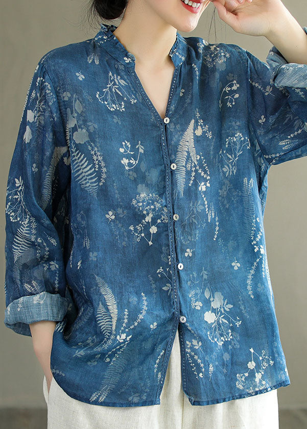 DIY Blue V Neck Ruffled Print Patchwork Linen Shirt Tops Spring