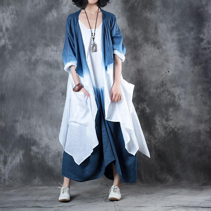 DIY Blue White Retro Loose Gradient color Fall Asymmetrical design 2 Piece Outfit Long Sleeve - Omychic