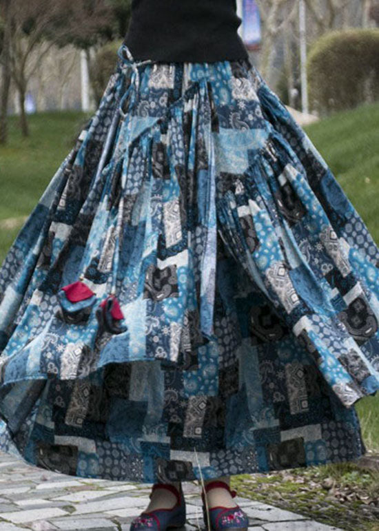 DIY Blue Wrinkled Asymmetrical Print Patchwork Cotton Skirts Fall