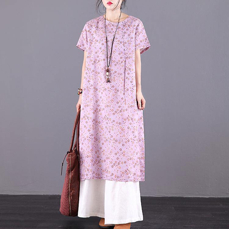 DIY Button Down o neck linen clothes For Women Wardrobes purple print Dress summer - Omychic