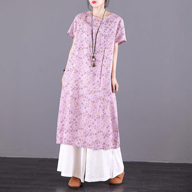 DIY Button Down o neck linen clothes For Women Wardrobes purple print Dress summer - Omychic