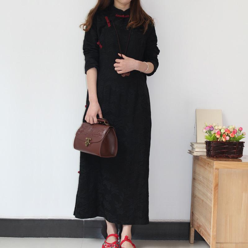 DIY Chinese Button cotton tunic top Runway black jacquard Robe Dresses fall - Omychic