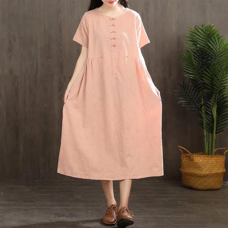 Diy Chinese Button Linen Soft Surroundings Sewing Pink Dresses Summer ( Limited Stock) - Omychic