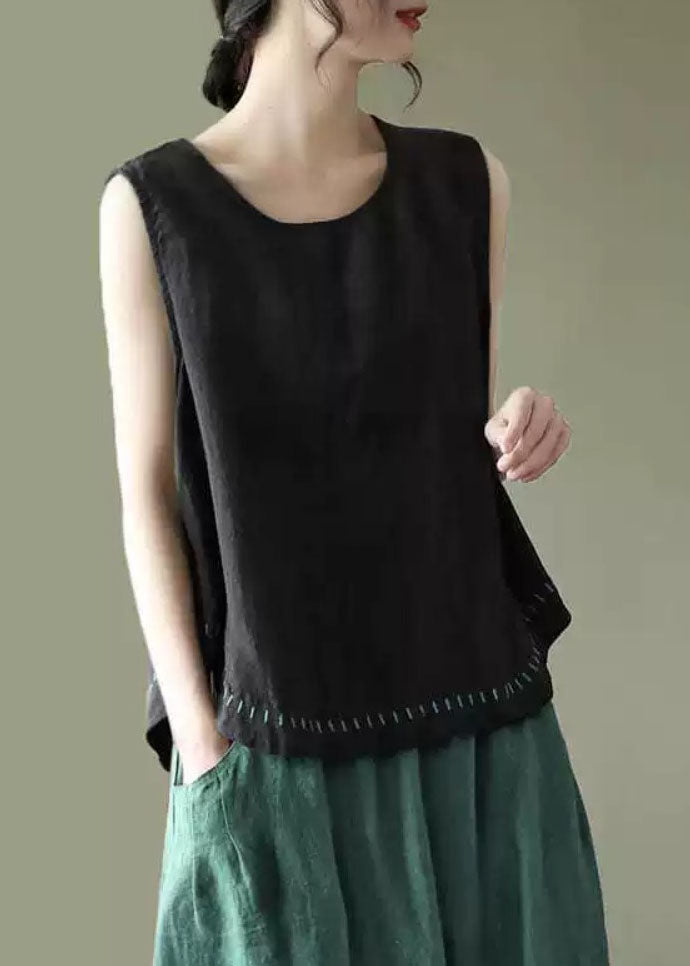 DIY Coffee O-Neck Embroideried Patchwork Cotton Tops Sleeveless