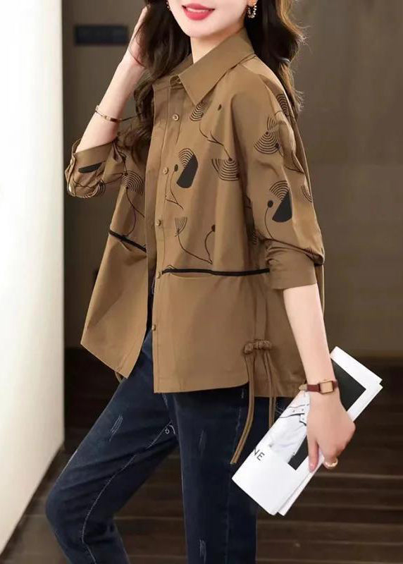 DIY Coffee Peter Pan Collar Print Chinese Button Cotton Coat Fall