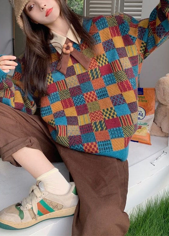 DIY Coffee Plaid Knit Vest And Floral Bow Shirt Women Sets 2 Pieces Winter