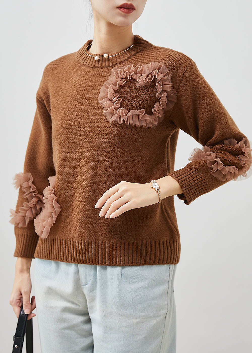 DIY Coffee Ruffled Patchwork Cozy Knit Sweater Tops Winter