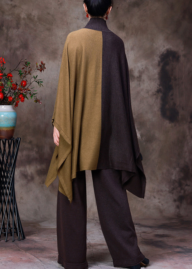 DIY Coffee Turtleneck Asymmetrical Patchwork Knit Sweaters And Wide Leg Pants Two Pieces Set Fall