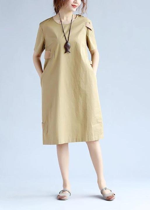 DIY Cotton Summer Dresses Women Splicing Short Sleeves Khaki Dress - Omychic