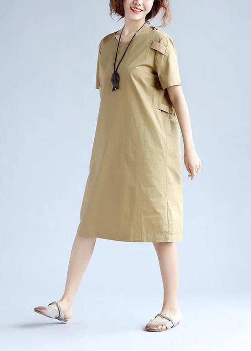 DIY Cotton Summer Dresses Women Splicing Short Sleeves Khaki Dress - Omychic