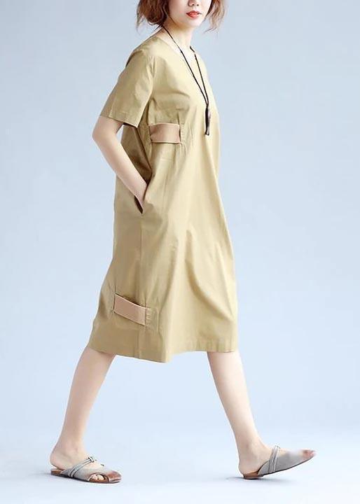 DIY Cotton Summer Dresses Women Splicing Short Sleeves Khaki Dress - Omychic