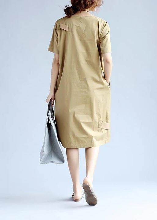 DIY Cotton Summer Dresses Women Splicing Short Sleeves Khaki Dress - Omychic