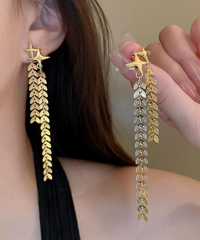 DIY Gold Copper Four Pointed Star Wheat Ears Tassel Drop Earrings