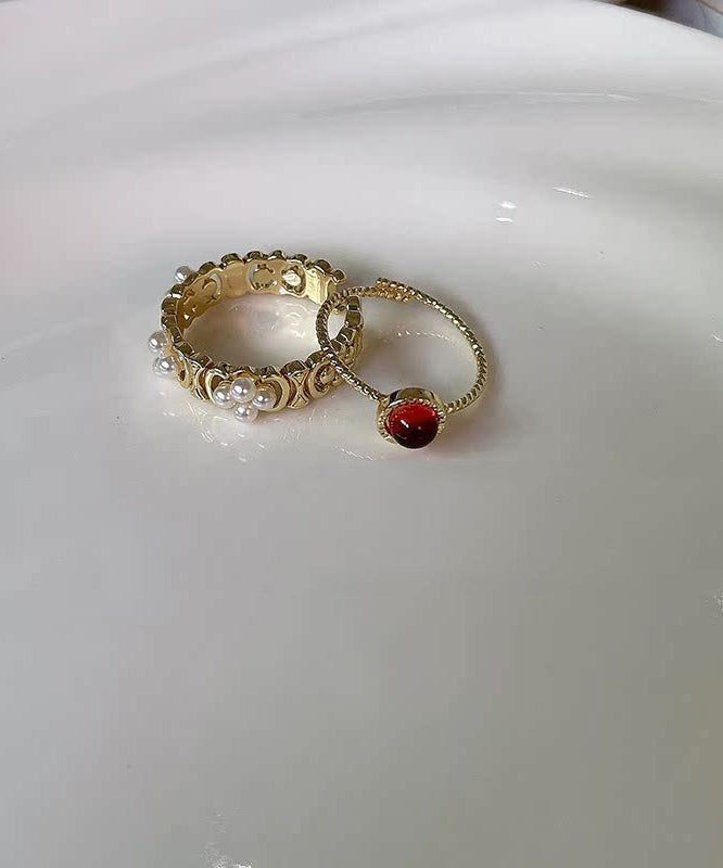 DIY Gold Copper Pearl Gem Stone Two Piece Set Rings