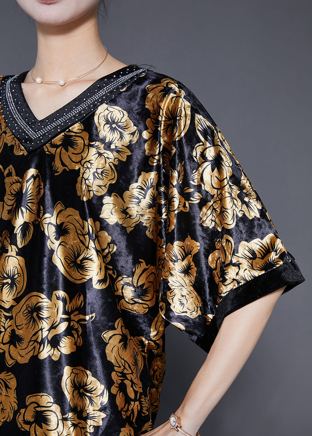 DIY Golden Floral Oversized Zircon Silk Velour Two Pieces Set Summer