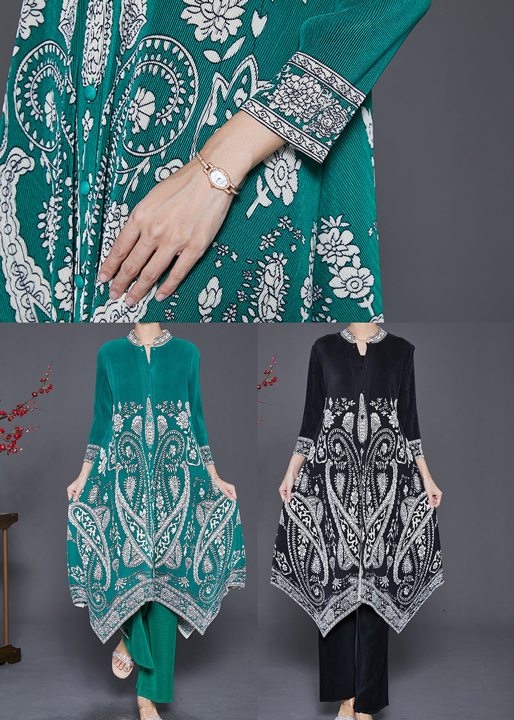 DIY Green Asymmetrical Print Silk Dress And Pant Two Pieces Set Fall