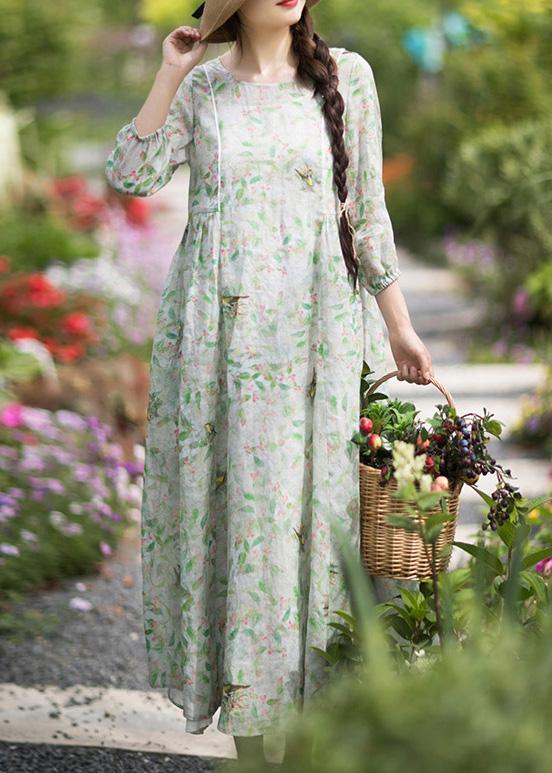 DIY Green Leaves Quilting Dresses O Neck Lantern Sleeve Robes Summer Dresses - Omychic