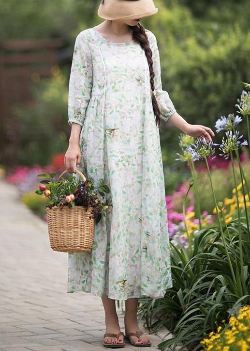 DIY Green Leaves Quilting Dresses O Neck Lantern Sleeve Robes Summer Dresses - Omychic