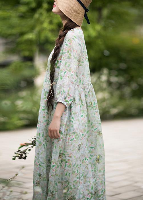 DIY Green Leaves Quilting Dresses O Neck Lantern Sleeve Robes Summer Dresses - Omychic