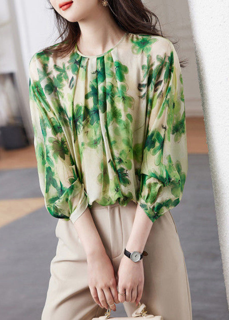 DIY Green O-Neck Oversized Print Chiffon Shirt Tops Spring