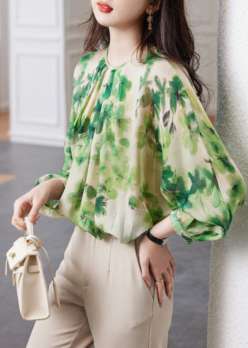 DIY Green O-Neck Oversized Print Chiffon Shirt Tops Spring