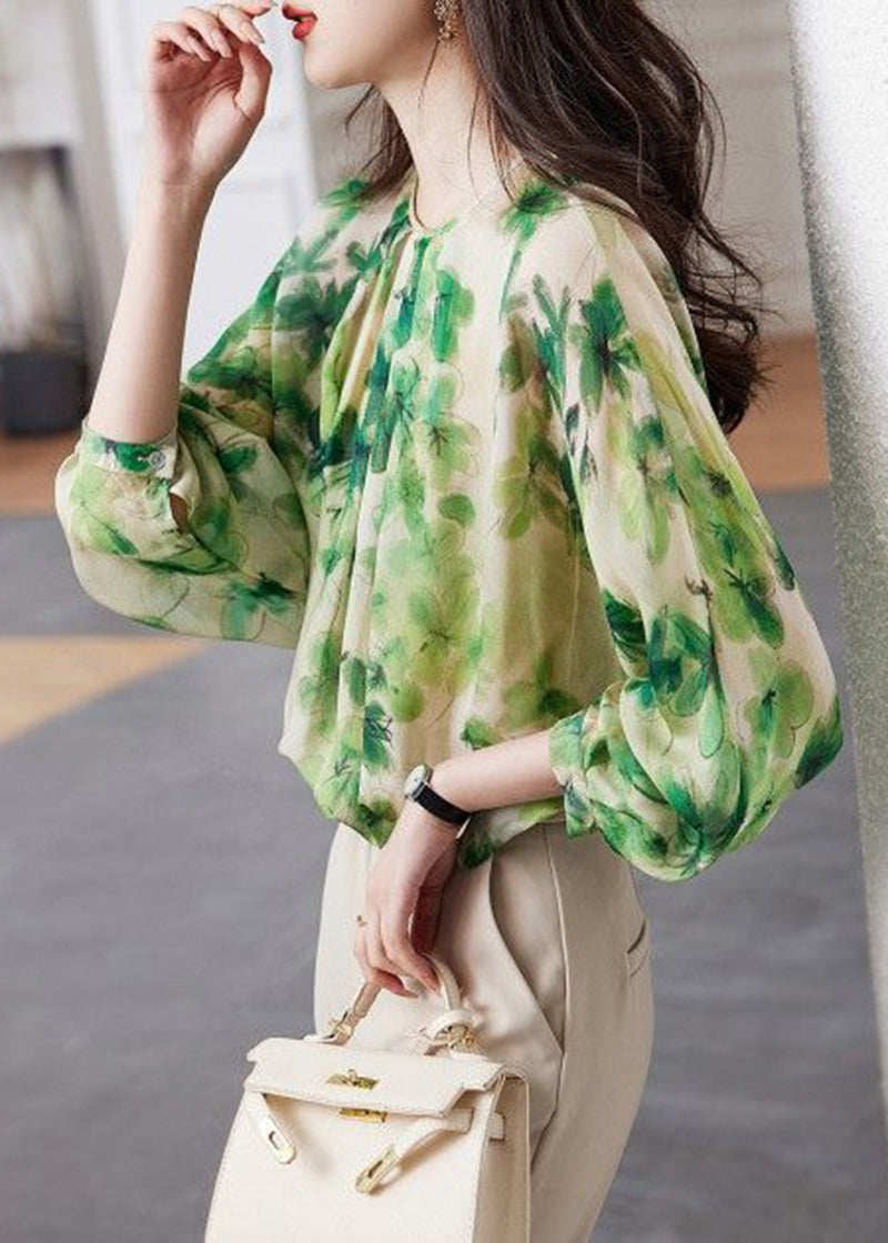 DIY Green O-Neck Oversized Print Chiffon Shirt Tops Spring