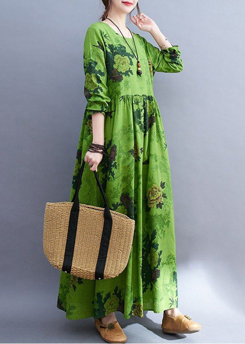 DIY Green Oversized Print Cotton Ankle Dress