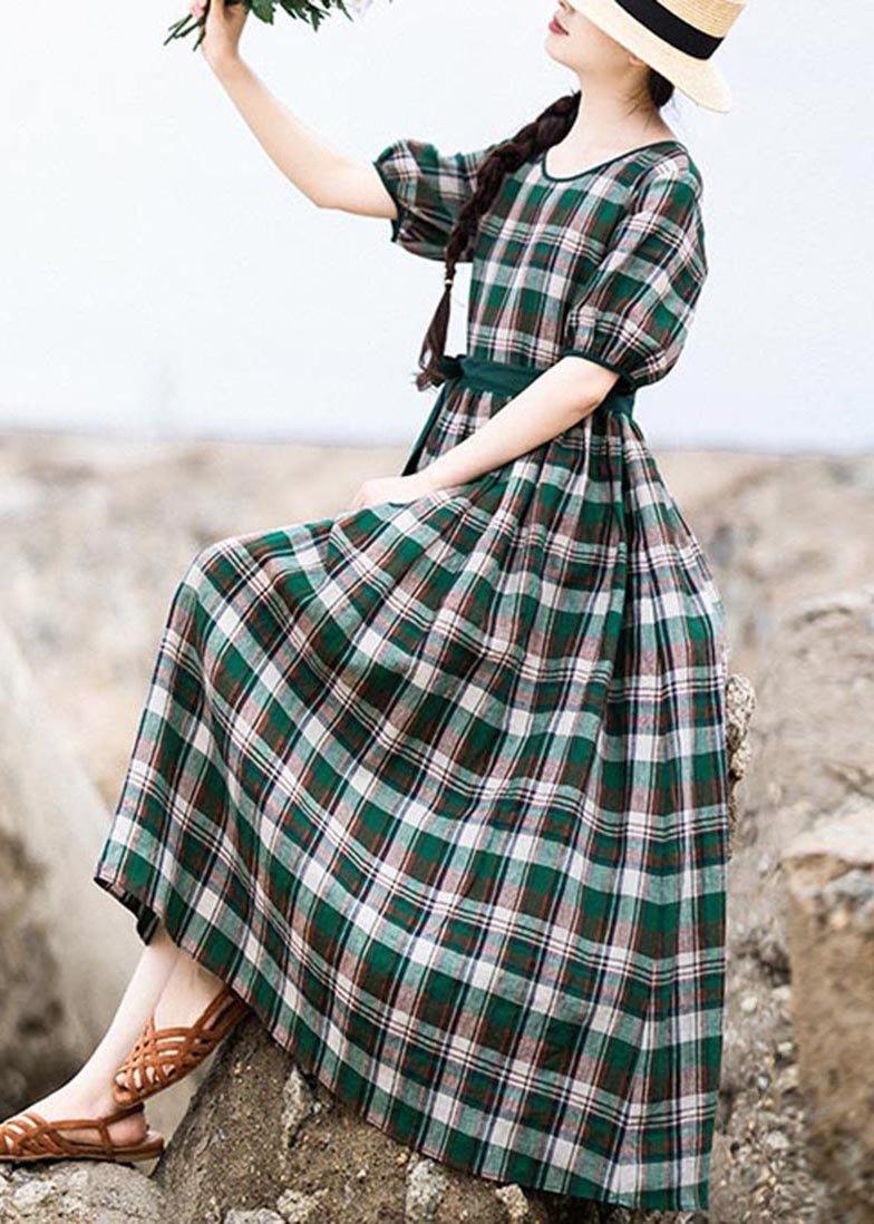 DIY Green Plaid Cinched Pockets Robe Summer Linen Dress - Omychic