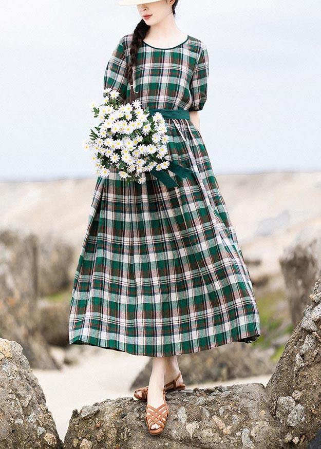 DIY Green Plaid Cinched Pockets Robe Summer Linen Dress - Omychic