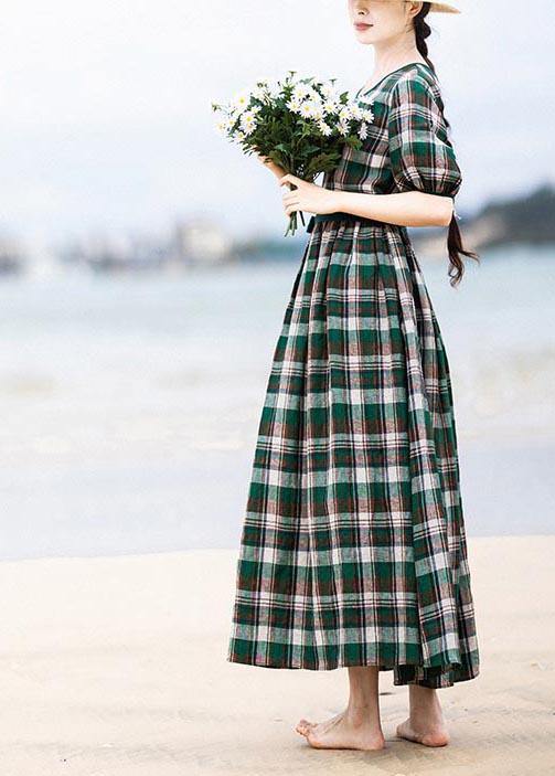 DIY Green Plaid Cinched Pockets Robe Summer Linen Dress - Omychic