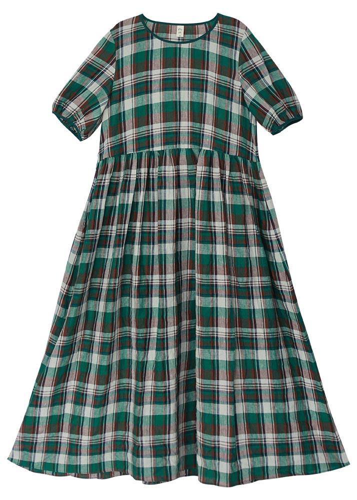 DIY Green Plaid Cinched Pockets Robe Summer Linen Dress - Omychic