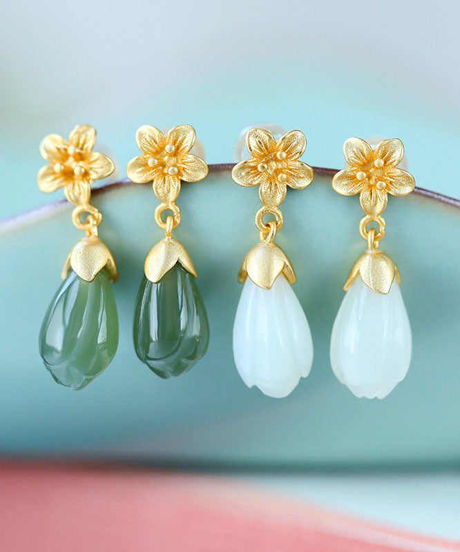 DIY Green Sterling Silver Jade Orchid Drop Earrings