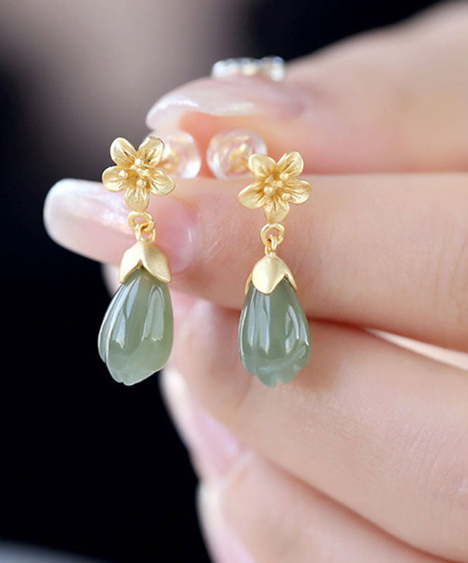 DIY Green Sterling Silver Jade Orchid Drop Earrings