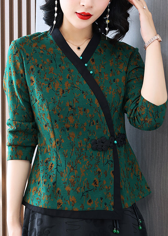 DIY Green V Neck Print Button Shirt Spring