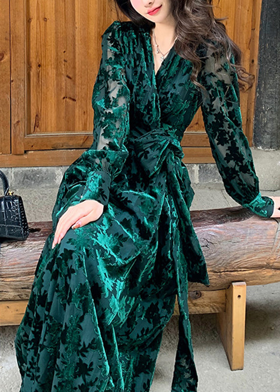 DIY Green V Neck Print Silk Velour Tie Waist Maxi Dresses Fall - Omychic