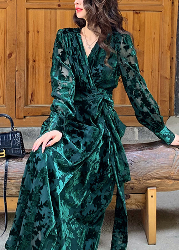 DIY Green V Neck Print Silk Velour Tie Waist Maxi Dresses Fall - Omychic
