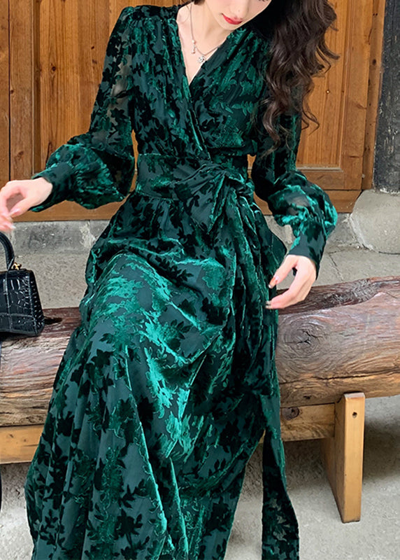 DIY Green V Neck Print Silk Velour Tie Waist Maxi Dresses Fall - Omychic