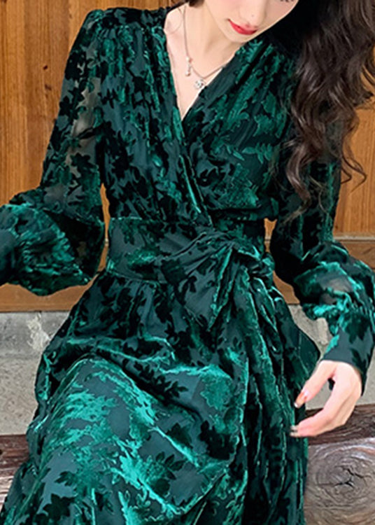 DIY Green V Neck Print Silk Velour Tie Waist Maxi Dresses Fall - Omychic