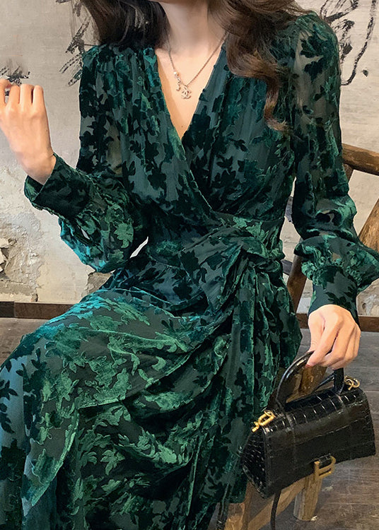 DIY Green V Neck Print Silk Velour Tie Waist Maxi Dresses Fall - Omychic