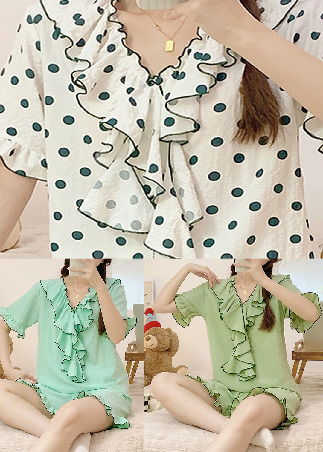 DIY Green V Neck Ruffled Patchwork Knitting Cotton Pajamas Set Summer