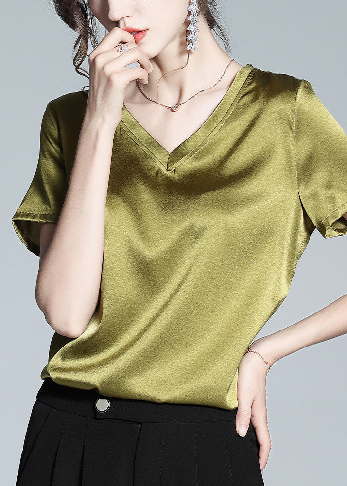 DIY Green V Neck Solid Silk Top Summer