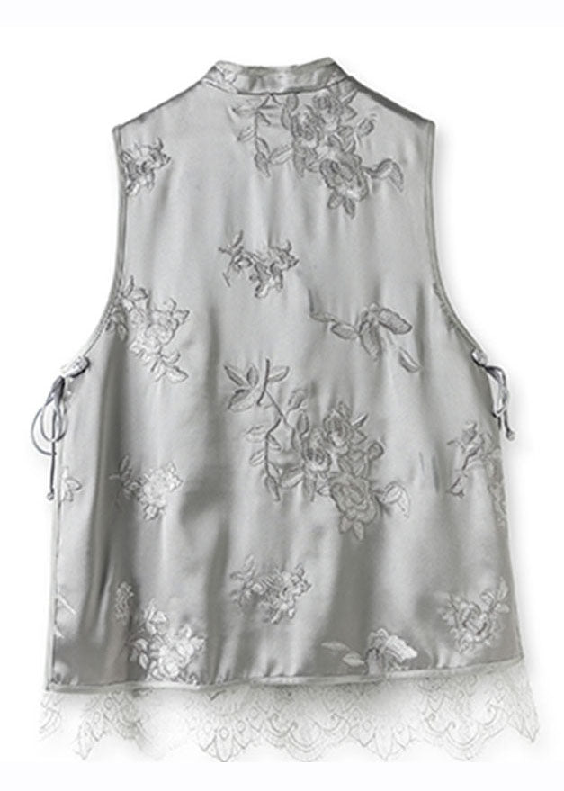 DIY Grey Embroideried Lace Patchwork Button Silk Coats Sleeveless