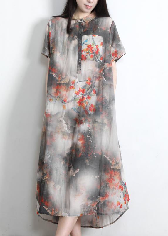 DIY Grey Print Silk Pockets Summer Vacation Dresses - Omychic